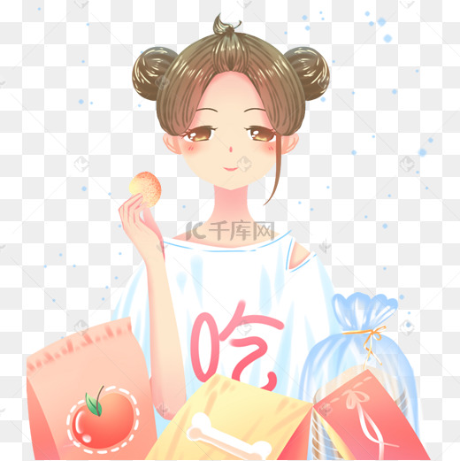 蓝色唯美卡通可爱少女吃零食食品吃货插画图片