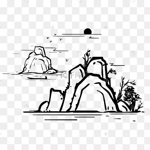 矢量黑色线描落日山泉图片