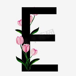 无衬线体字母E中国风花朵装饰