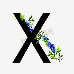 水墨风免抠艺术字图片_无衬线体字母X中国风花朵装饰