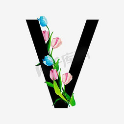 无衬线体字母V中国风花朵装饰