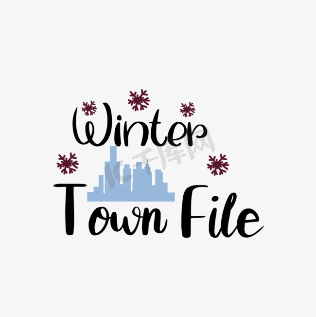 svg冬季城镇锉刀手绘雪花城市剪影短语图片