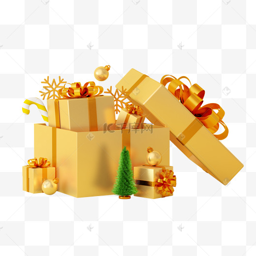 金色C4D立体圣诞圣诞节圣诞树礼品礼盒图片