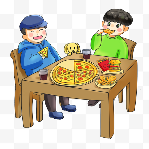 餐饮聚餐吃饭卡通手绘Q版吃披萨图片