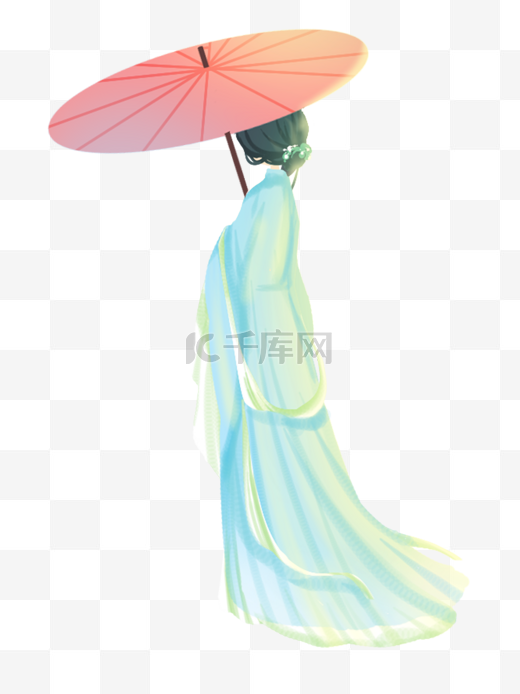 手绘古代打伞的美女中国风免扣素材图片