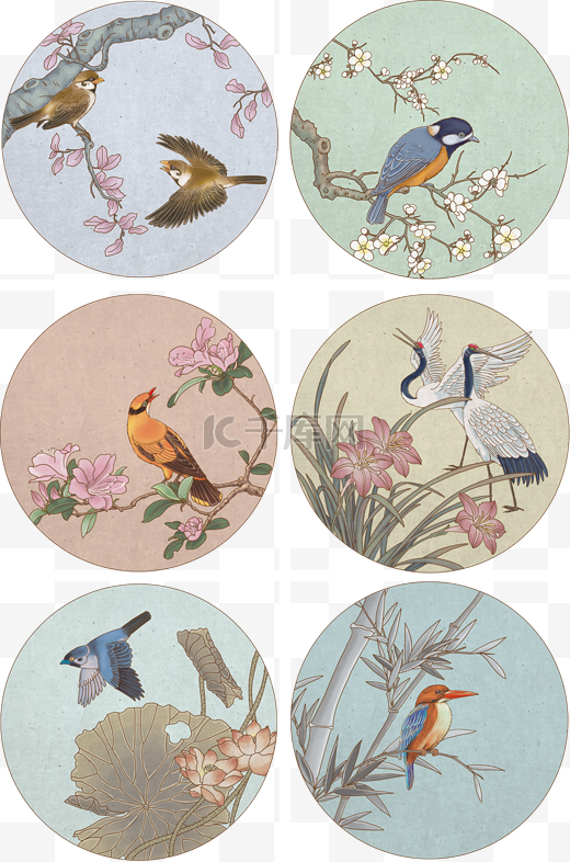 复古中国风壁画壁纸插画花卉飞鸟装饰画合集图片