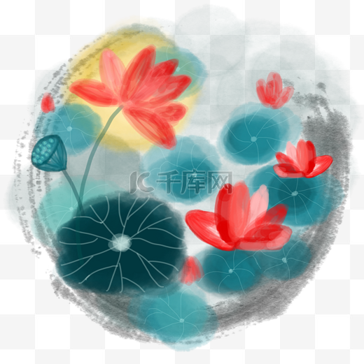 中国风水彩水墨荷塘月色手绘免抠高清图图片