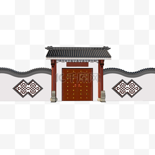 免抠中国风格古代院墙大门图片