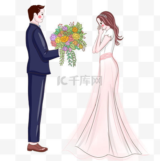 新郎新娘献花拍照插画图片