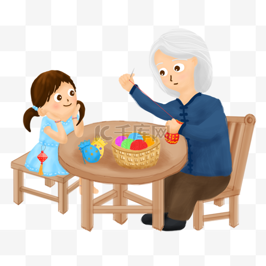 夏季端午节奶奶女孩缝制香包手绘插画ps图片