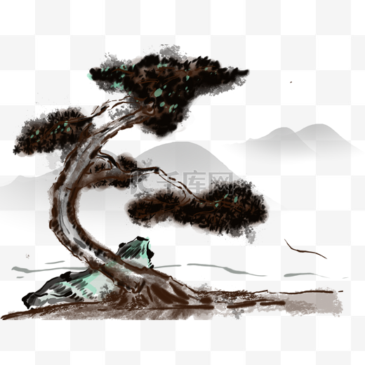 古树和远处的山中国水墨风插画图片