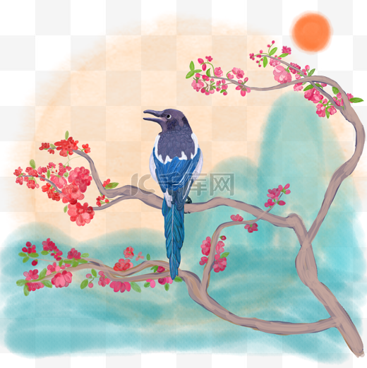 中国风水墨工笔水彩喜鹊登枝手绘免抠高清图图片