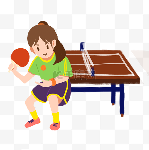 卡通手绘扁平活力马尾运动女孩打乒乓球发球乒乓球桌图片