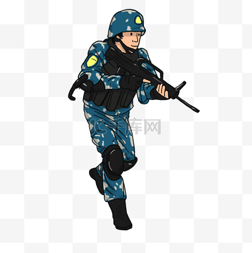 全副武装穿军服的男特种士兵手持枪支执勤插画图片