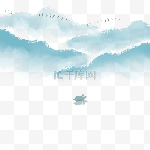 卡通手绘中国风山峰划船的人图片