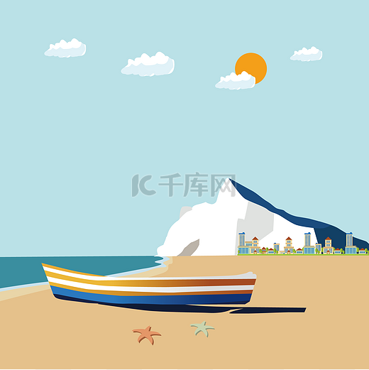 手绘矢量沙滩海岛风景插画图片