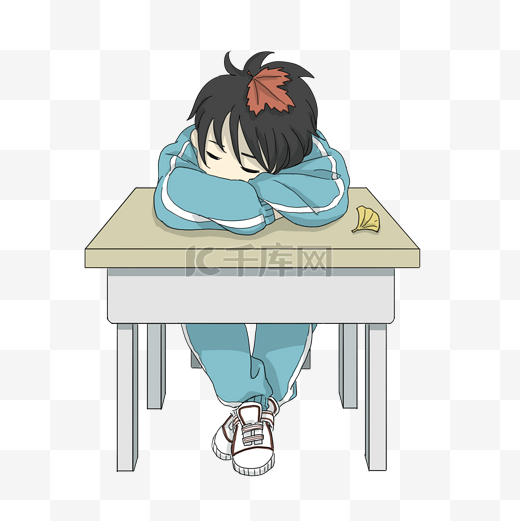 男孩趴桌子睡觉卡通插画图片