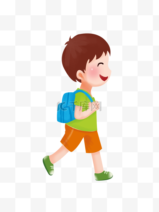手绘卡通背着蓝色书包上学的开心男孩可商用元素图片