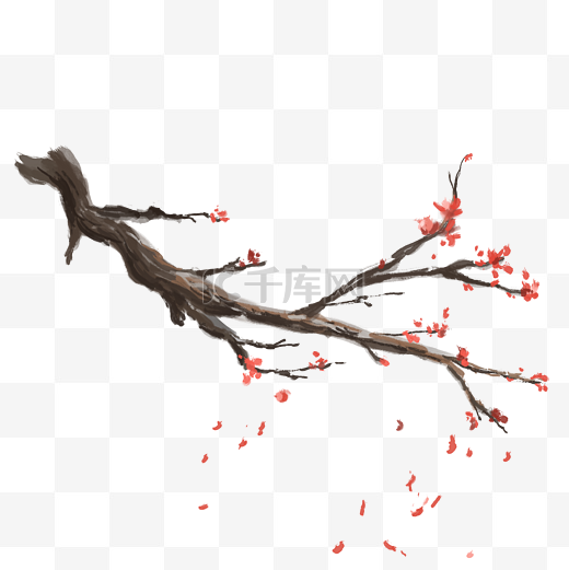 冬季红色梅花树枝唯美写意水墨免抠图片