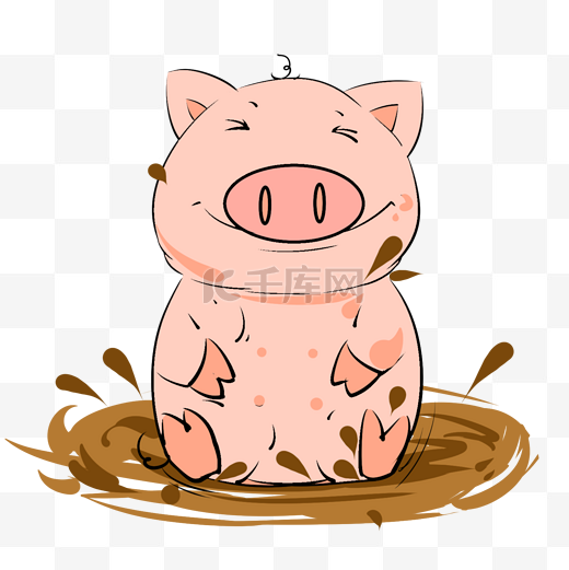 在泥坑里的坐着的猪插画图片