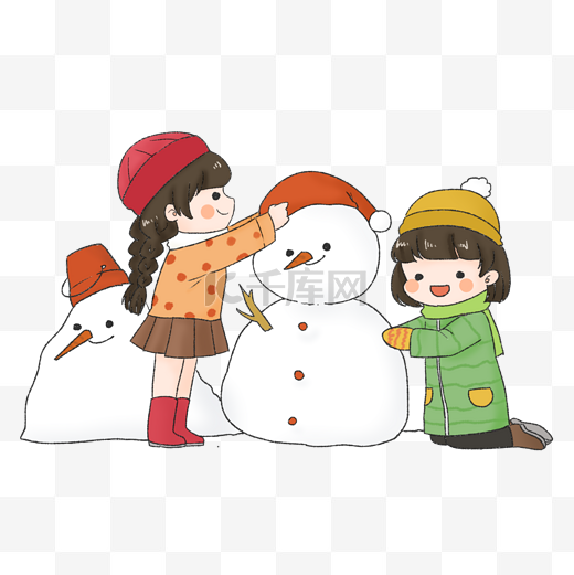 立冬时节姐姐和妹妹一起堆大雪人和小雪人图片