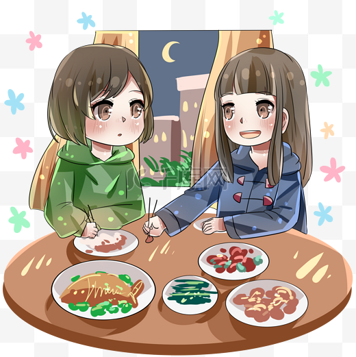 一起吃晚餐的两个女孩图片