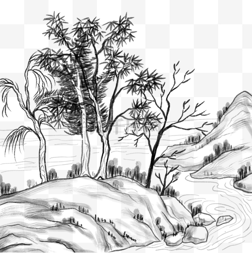 中国风山水画国画水墨小树林图片