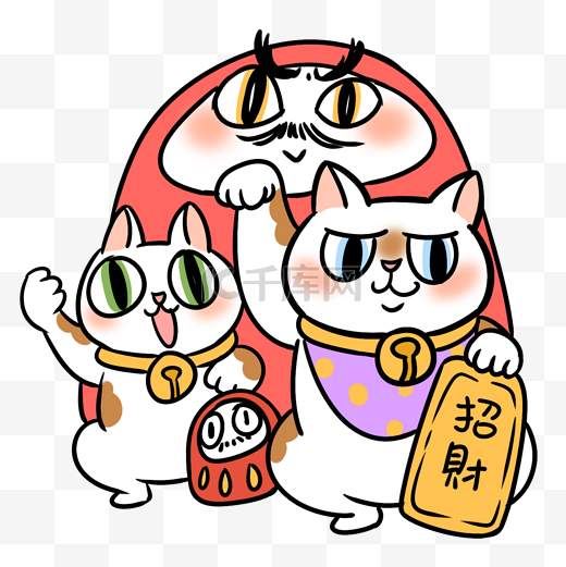 日式财神和招财猫卡通插画图片