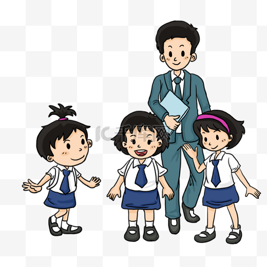 中小学生开学日穿校服的3个小学生和男老师卡通插画图片