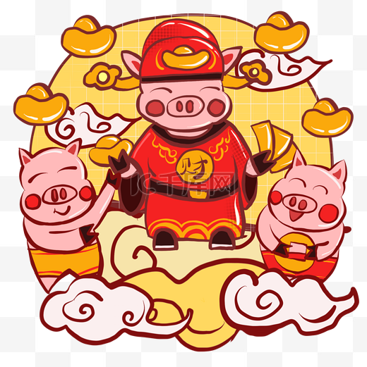 手绘猪年财运亨通财神猪形象小插画图片