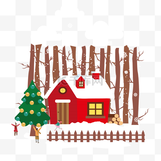 卡通画风红房子圣诞树图片