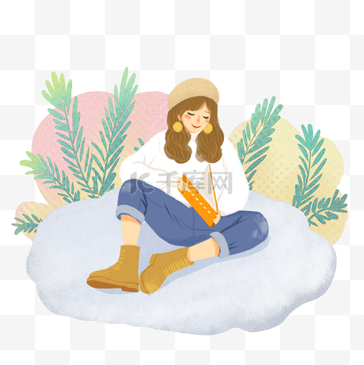 冬季坐在雪地上的看书的小姐姐图片