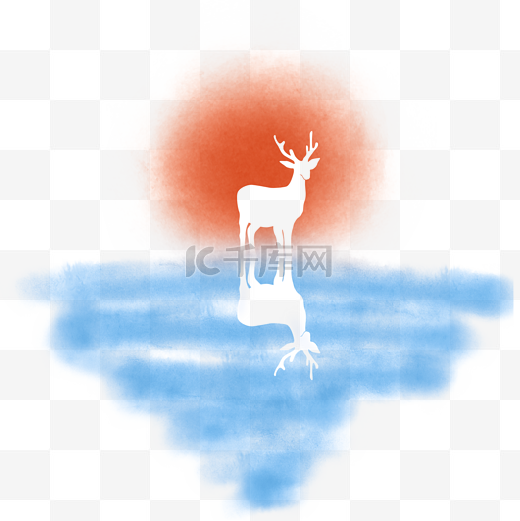 中国风水彩蓝色红点太阳鹿的倒影封面艺术品PNG免扣图片