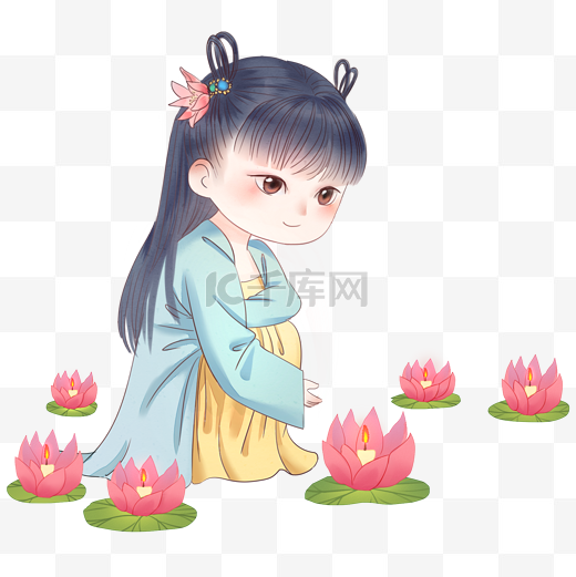 中元节鬼节手绘中国风复古汉服小女孩儿点莲花灯许愿过新年图片