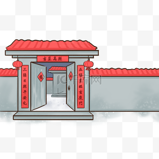 春节古城灯笼对联红瓦房子手绘插画psd图片
