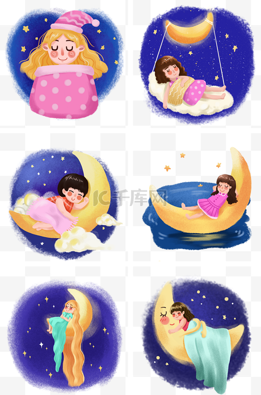 卡通世界睡眠日主题之月亮上的熟睡女孩图片