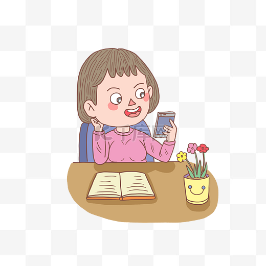 卡通手绘人物阅读书籍女孩看手机图片
