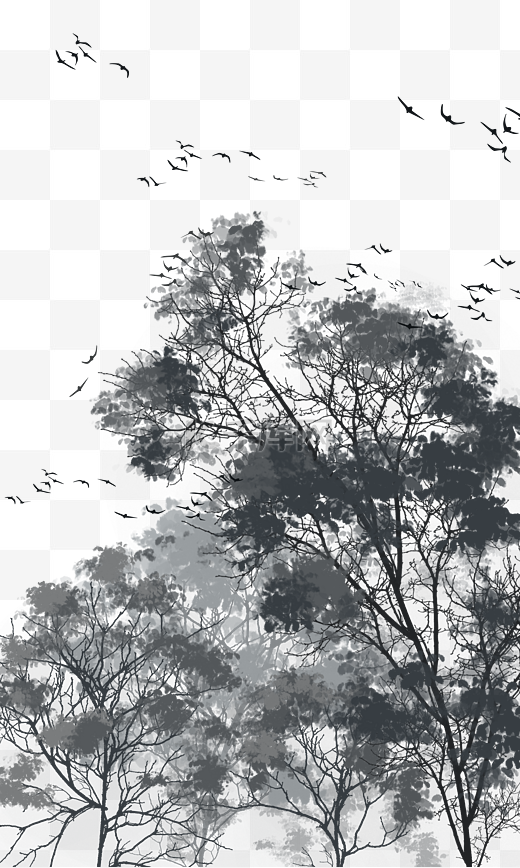 水墨中国风黑白树林图片