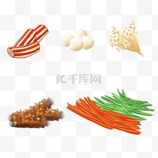 卡通手绘美食蟹肉棒肉丸子金针菇海蜇辣椒图片