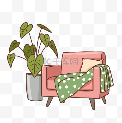 粉色系沙发和植物PNG免抠素材图片