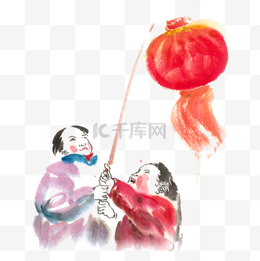 挂灯笼水墨画PNG免抠素材图片