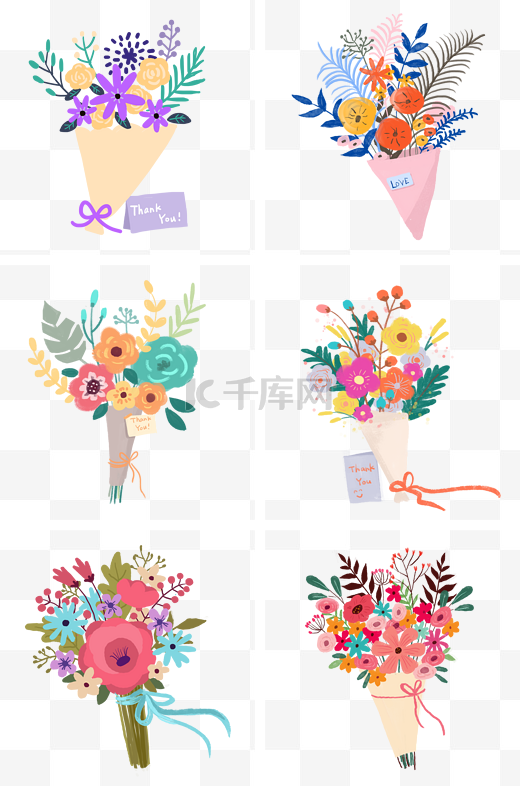 小清新手绘花朵花束组图PNG免抠素材图片