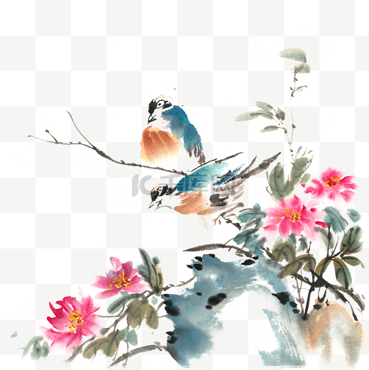 牡丹小鸟水墨画PNG免抠素材图片