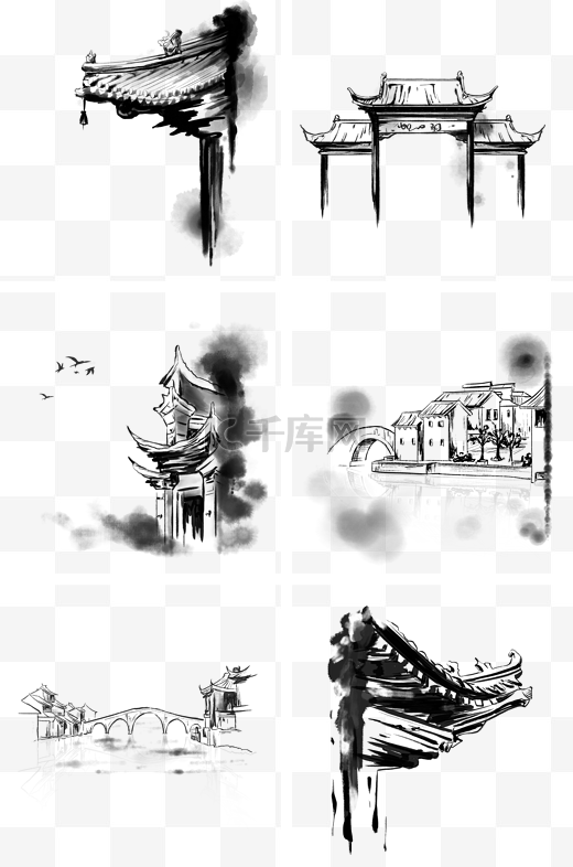 中国风水墨屋檐黑白复古屋檐古代房屋墨迹晕染图片