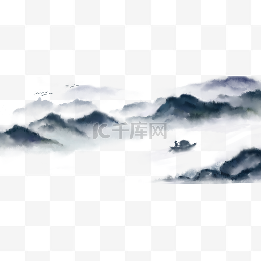 山水画水墨湖泊小船中国风图片