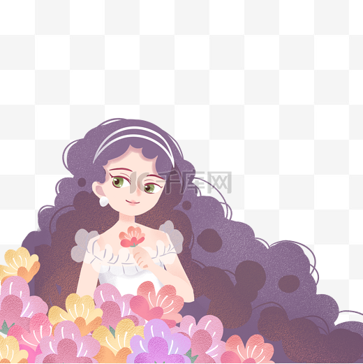 在花丛中的漂亮紫色头发女孩图片