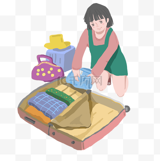 国庆出游暖色系卡通手绘女孩收拾行李免抠图片