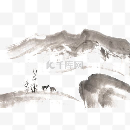 深山牧羊水墨画PNG免抠素材图片
