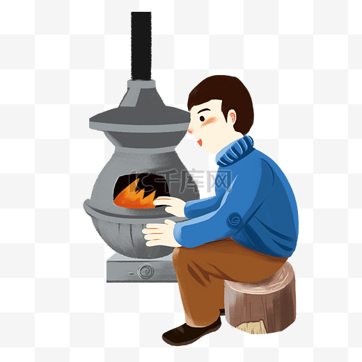 冬季取暖少年烤火手绘插画图片