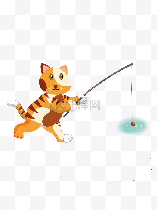 简约手绘风钓鱼的猫咪可商用元素图片